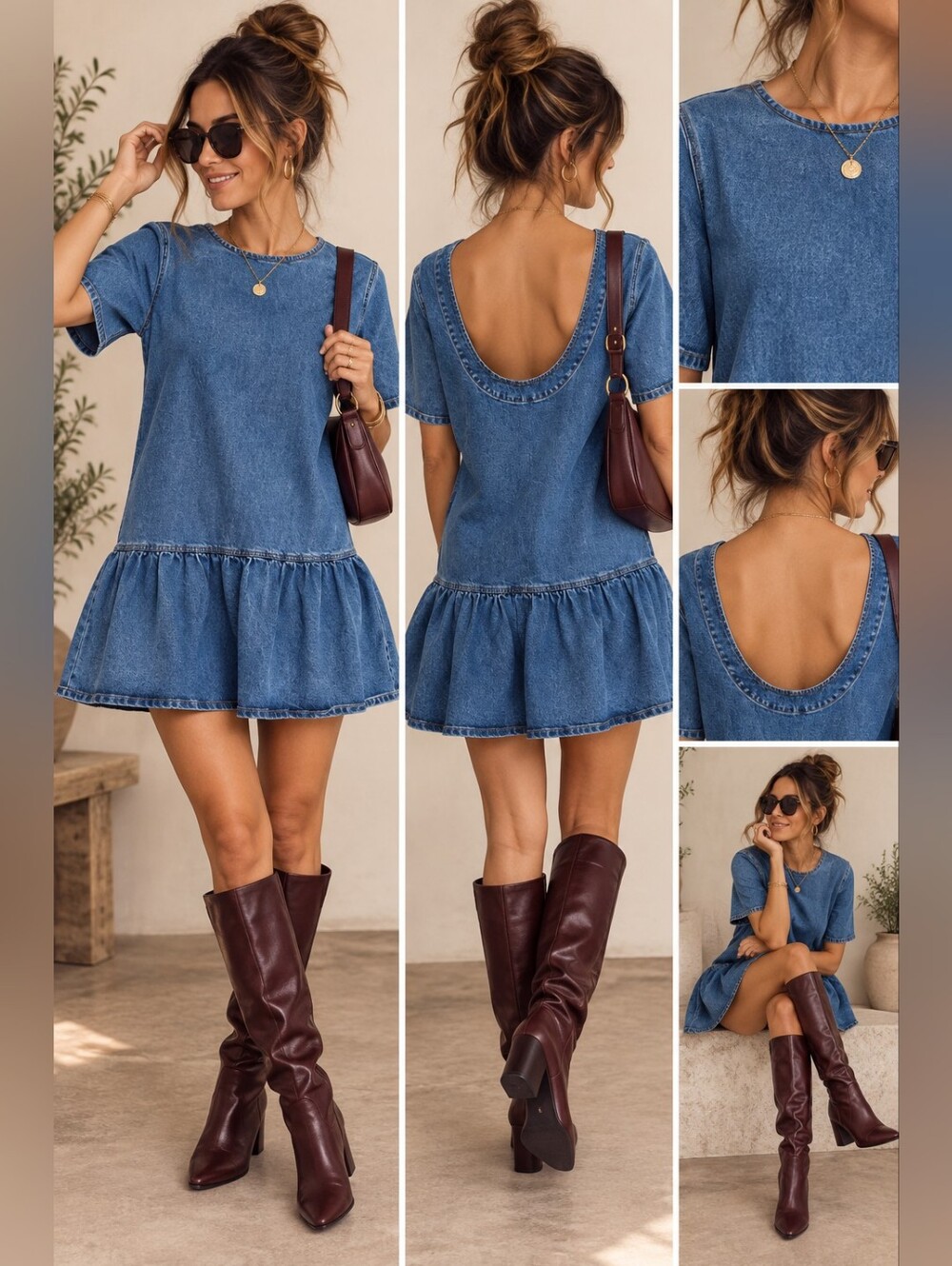 GANNI Mid Blue Stone Denim Open Back Drop Waist Mini Dress